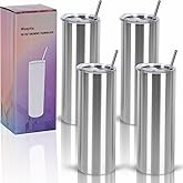 Wzaytia 4 Pack 20 Oz Straight Skinny Tumblers,Individually Gift Boxed Stainless Steel Slim Skinny Tumbler Set Bulk, 20 Oz Insulated Slim Thin Travel Tumbler Cup for Diy, Silver