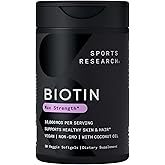 Sports Research® Biotin 10,000mcg with Organic Coconut Oil - Biotin (Vitamin B7) for Healthy Skin and Hair Support* - for Women and Men - Vegan, Non-GMO, Gluten & Soy-Free - 30 Veggie Softgels