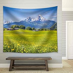 Idyllic Landscape in The Alps with Fresh Green Meadows and Blooming Flowers - Fabric Wall Tapestry Home Decor - 51x60 inches