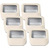 Caraway 6pc Glass Food Storage Set – 4.4 Cup Food Containers (6) - Ceramic Coated - Non Toxic, Non Stick with Lids - Microwave Safe - Cream