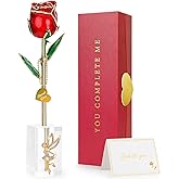 ihoomee Valentine Gift Real Rose Dipped 24K Gold ,Best Valentines Rose Gift for Her Wife Mother Women,Forever 24k Rose with Crystal Stand-Red