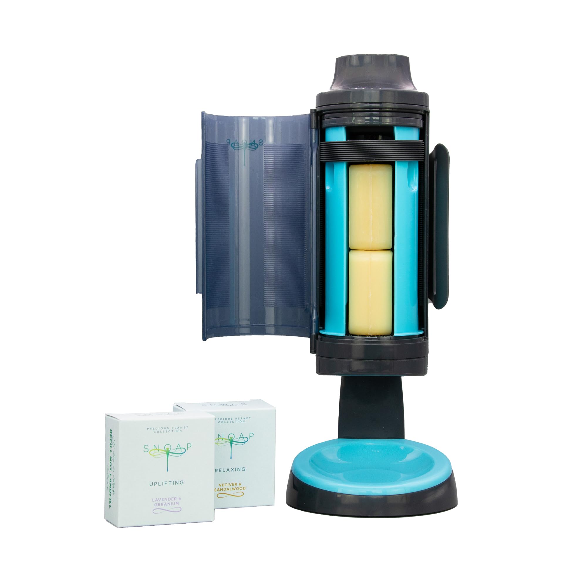 SNOAP Erebus – Luxury Solid Soap Dispenser - Dark Grey & Snoap Blue Dispenser - With Countertop Stand, Wall Mount & 2 Precious Planet Soaps (110g Each) - Long lasting & Luxury Experience