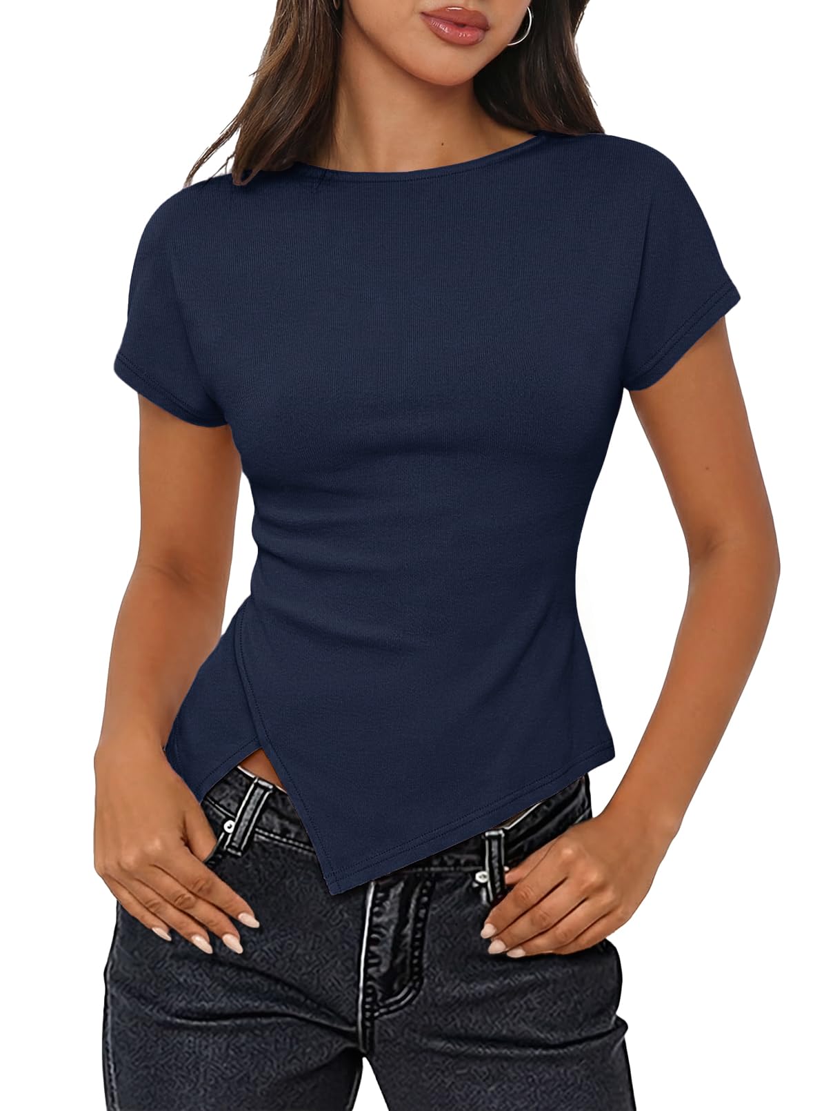 Photo 1 of MEROKEETY Women's Summer Asymmetrical Tops 2026 Short Sleeve Boat Neck Ruched Slim Going Out T-Shirts Trendy Y2K Clothes, Navy, Large