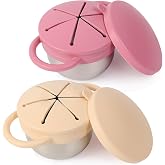 Solinfant 2 Pack Stainless Steel Spill Proof Snack Cup for Baby Toddlers Kids, with Silicone Food Catcher, Travel Lid, Spill-