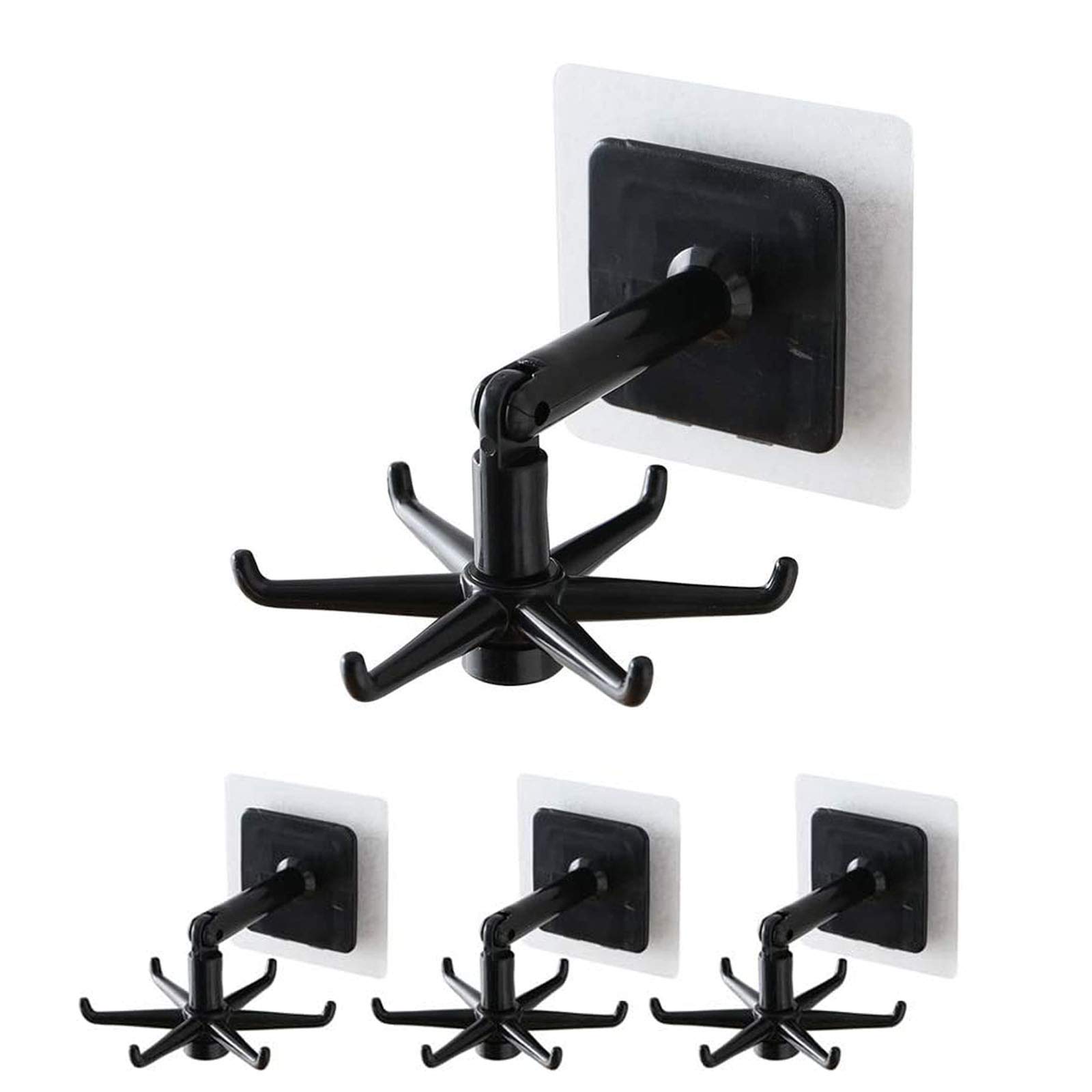 VIVLLEN 4-Pack 360° Rotating Folding Hook, Wall Mounted Kitchen Utensil Hanging Rack, Rust Resistant ABS, Modern Black Storage Hook