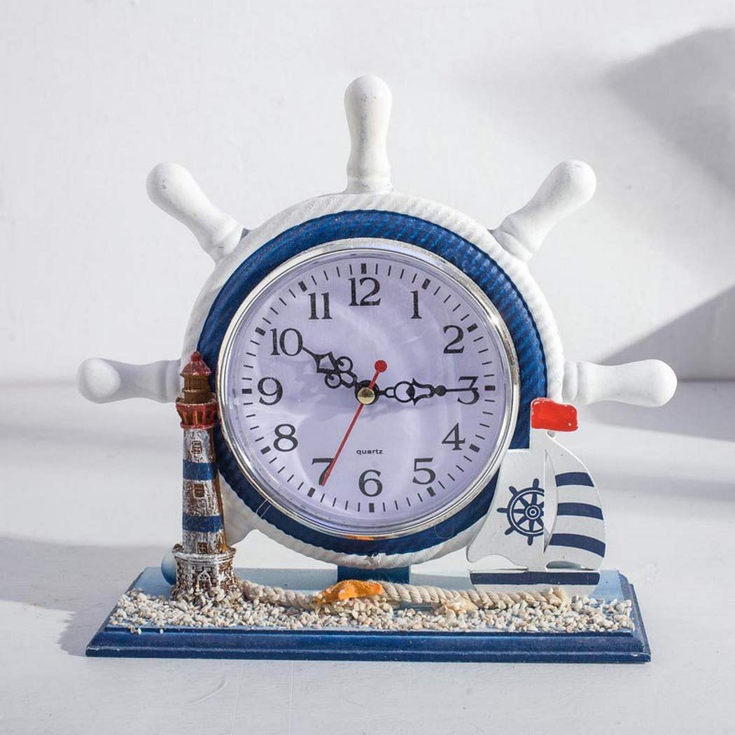 SWHONG Nautical Ship Wheel Rudder Clock Retro Shabby Chic Beach Theme Mantle Wooden Clock for Bedroom Ornament