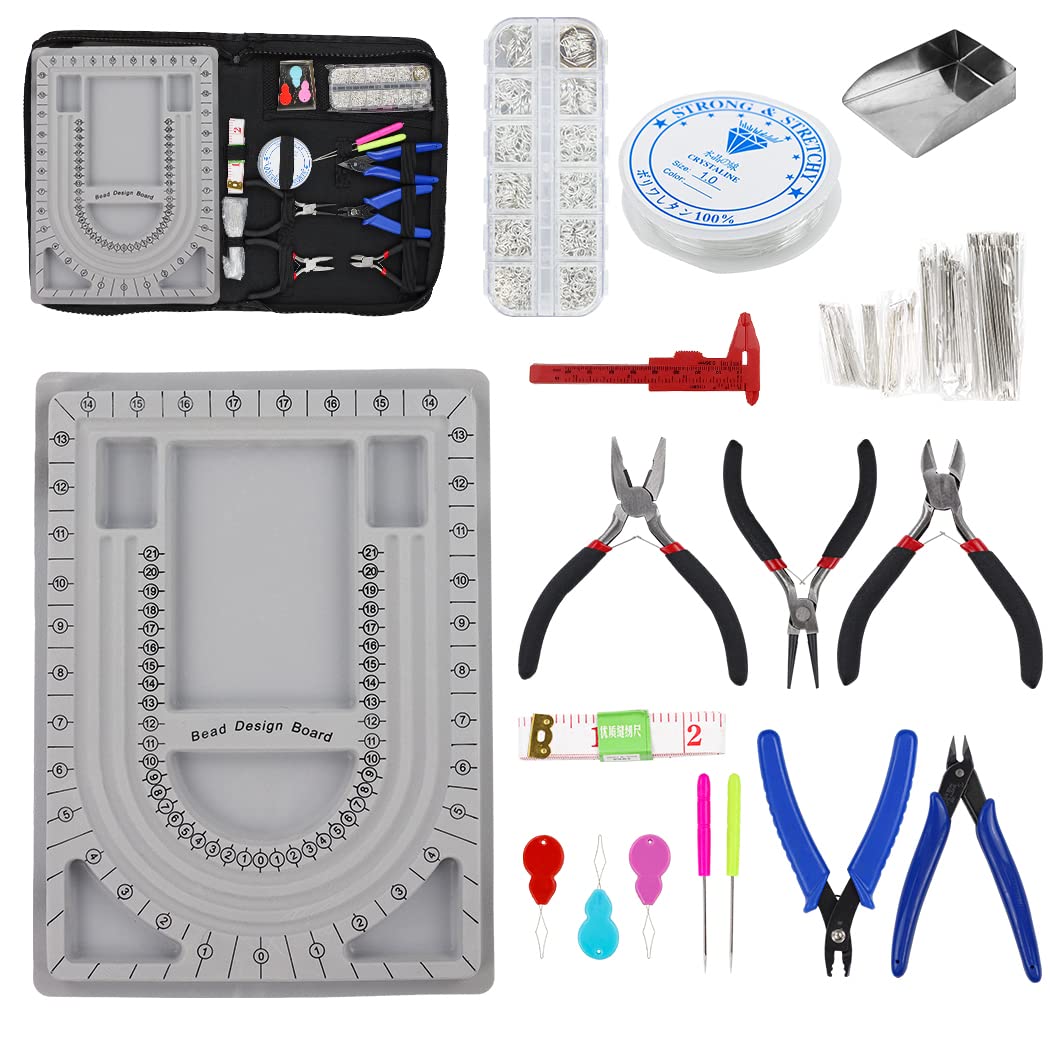 NIUPIKA Bead Board for Jewelry Making Bead Tray Beading Supplies Flocked Design Necklace Maker Bracelet Making Trays Measurement Board Handmade DIY Craft Tools Kit with Jewelry Pliers