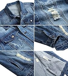 LAMKUKU Mens Denim Jacket Ripped Slim Jean Jacket