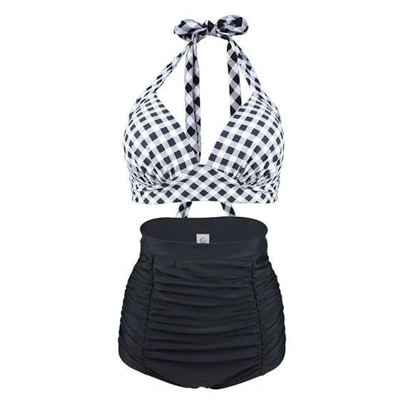Laorchid Rockabilly 1950s Damen Hohe Taillen Badeanzug Bikini Neckholder Bügellos Kariert