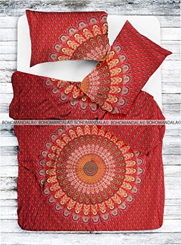 Beautiful Indian Peacock Feather Mandala Duvet Cover Set Of 3 By Bohomandala - Red