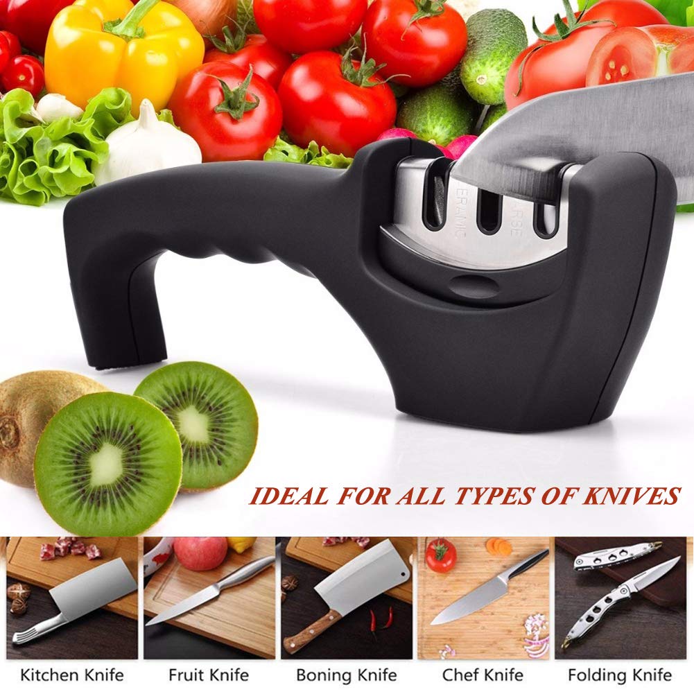 Knife Sharpener, Ceramic Knife Sharpening Stone Tungsten Steel Diamond Sharpener 3 Stage for Knives Kitchen Tools