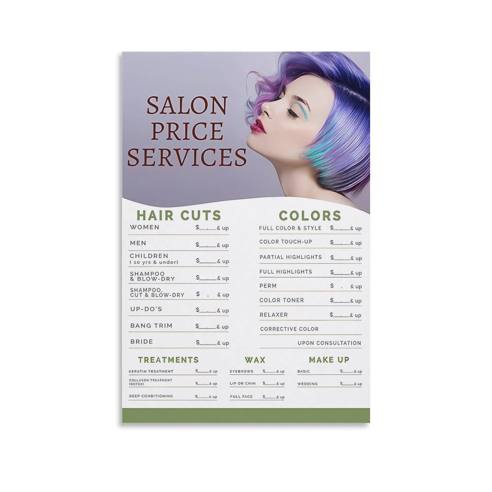 JBBGO Beauty Salon Price List Poster Hair Salon