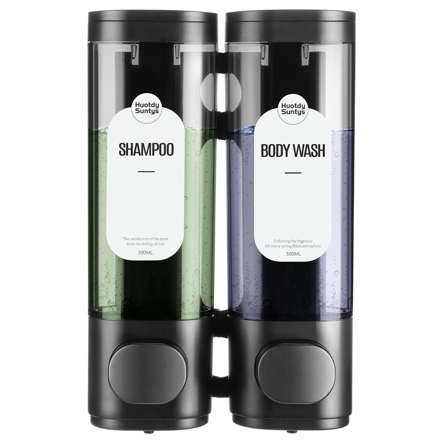 Photo 1 of 2-Chamber Shampoo and Conditioner Dispenser Shower Soap Dispenser 2 Chamber No Drill,Shower Soap Dispenser Wall Mounted, HUOTDY SUNTYS Body Wash Dispenser Set for Bathroom Toilet Hotel Kitchen (BLACK)