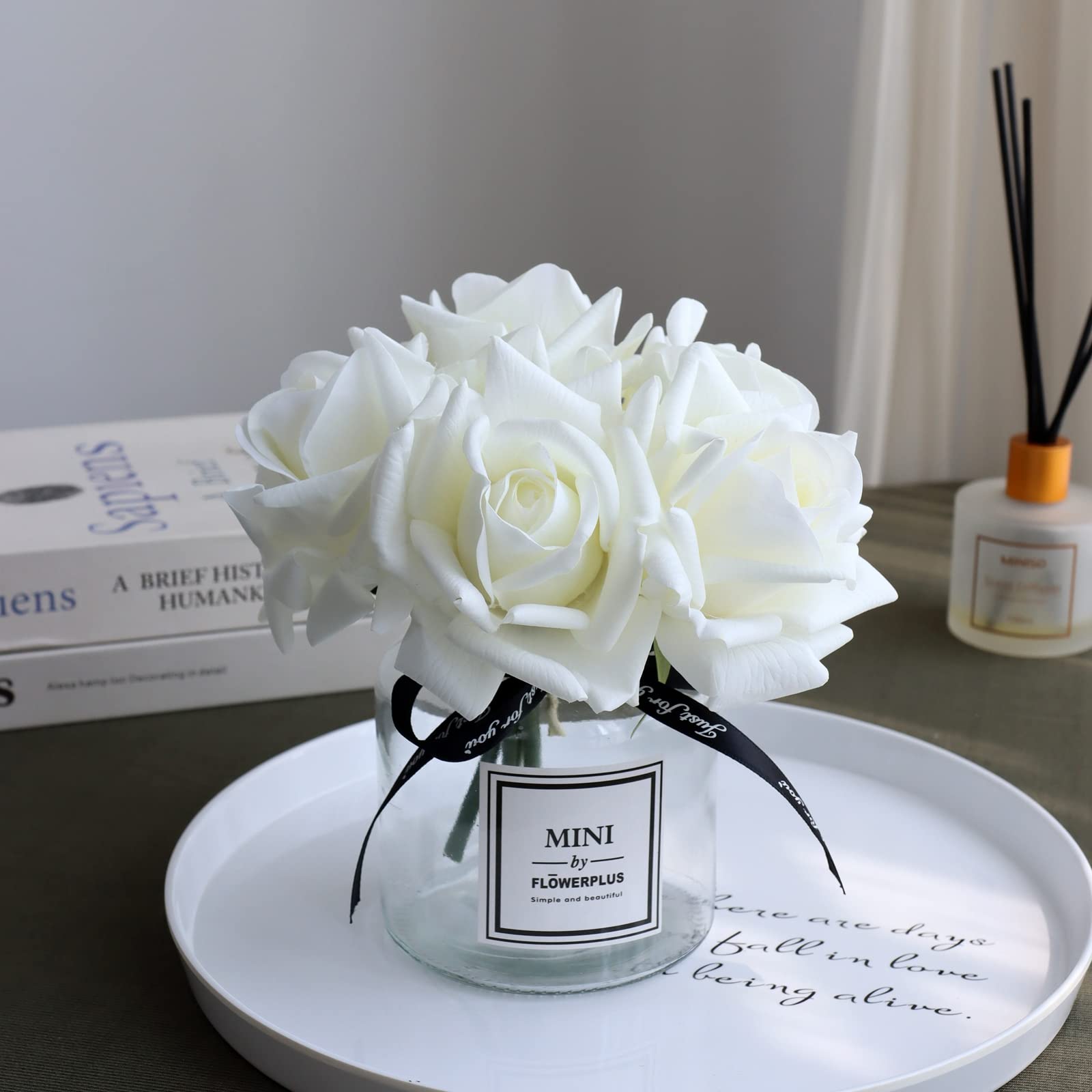 Photo 1 of grtefhu Artificial Flowers with White Roses in Vase, Fake Flowers in Glass Jar with Ribbon, Silk Flower Arrangements in Vase with Artificial Flowers for Home Dining Table Decor.
