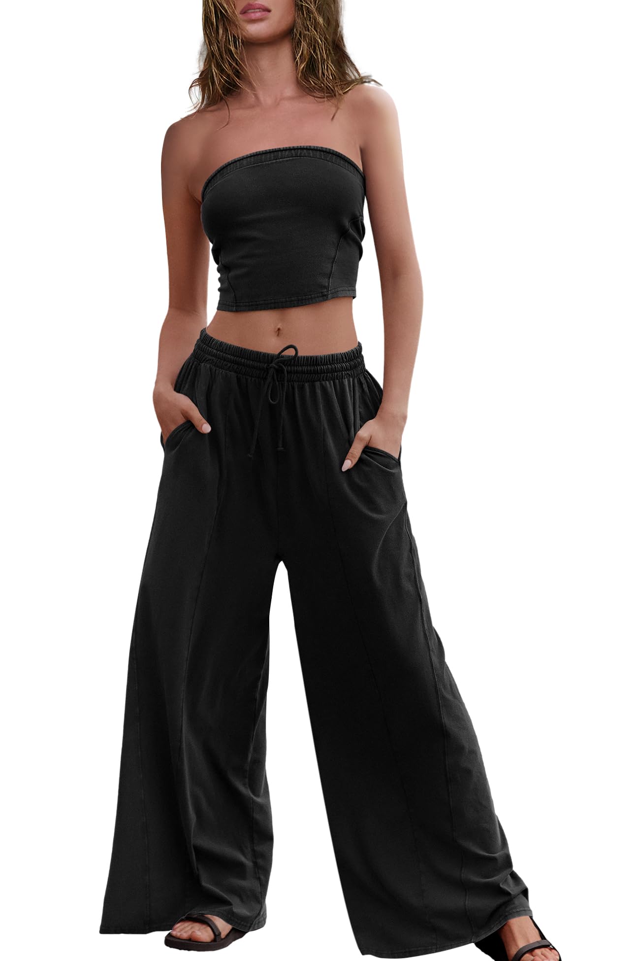 Photo 1 of Panadila Womens Summer Lounge Sets 2 Piece Outfits Tube Top and Wide Leg Pants Matching Set Beach Vacation Clothes (Black,M)