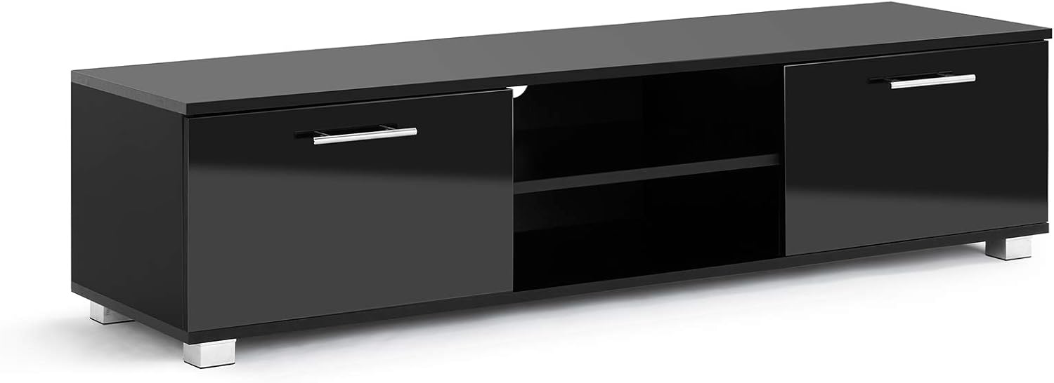 MMT Black Gloss TV Stand Cabinet 140cm for Up to 65 Inch TV, Living Room Furniture with Storage Cupboard and Open Shelving