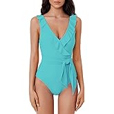 BCA By Rebecca Virtue Kelly - Women's Ruffle One Piece Swimsuit, Plunge V-Neck, Bathing Suits for Women, Sky, Large