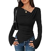 ZESICA Women's Long Bell Sleeve Shirts 2026 Fall Going Out Asymmetrical Crop Tops Slim Fit Ribbed Ruched Y2K Clothes