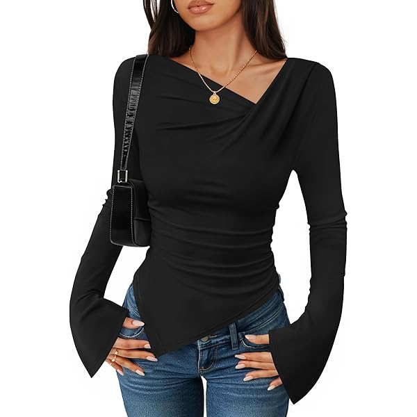 ZESICA Women's Long Sleeve Tops 2025 Fall Asymmetrical Neck