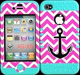 Bumper Case for Iphone 4 4s Anchor on Pink Chevron Design Hard Plastic Snap on Baby Teal Silicone Gel