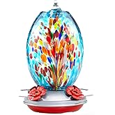 Muse Garden Glass Humming Bird Feeders for Outdoors - 27OZ Blown Glass Hummingbird Feeder - Unique Gift for Mom Women, Outdoors Hanging Garden Decor, Includes Ant Moat & Brush, Blue Fireworks
