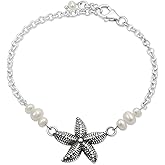 ADITA GOLD 925 Sterling Silver - Pearl Bracelet for Women - 3mm Round Pearls with Starfish Charm - Adjustable 16-18cm Chain - June Birthstone Bracelets for Women - Elegant Pearls Jewelry Gift for Her
