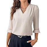 EVALESS Women's 3/4 Sleeve Tops Dressy Casual Pleated V Neck Business Work Blouses Office Shirts