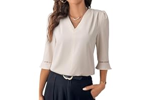 EVALESS Women's 3/4 Sleeve Tops Dressy Casual Pleated V Neck Business Work Blouses Office Shirts