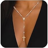 J&H DiaJuvelo Rosary Necklace for Women 14K Gold Plated Rosemary Y Chain Layered Dainty Cross Long Virgin Mary Pendant Beads Catholic en route Jewelry rosarios catolicos para mujer