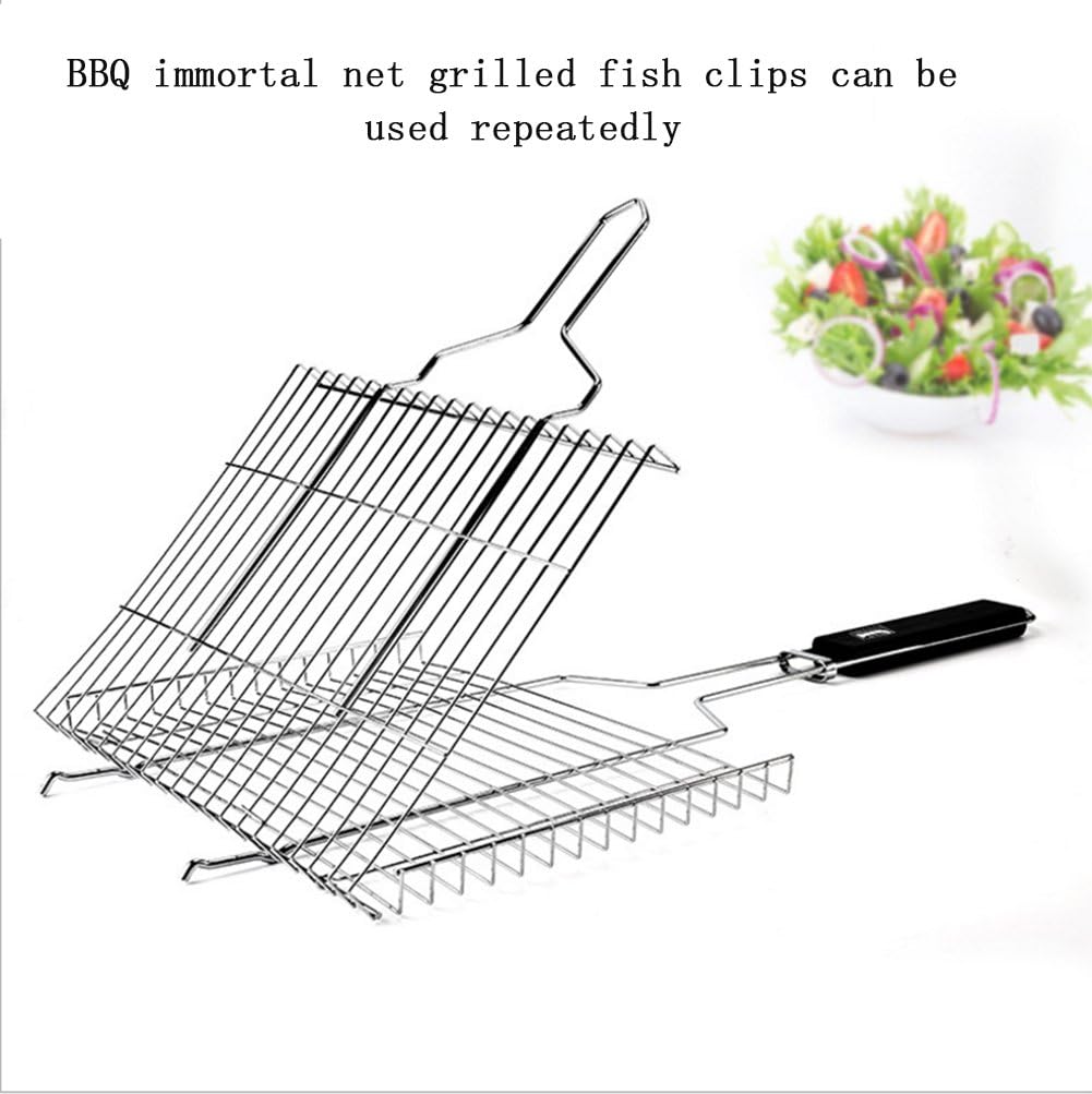 FHGJ Portable Stainless Steel Grill Basket with Removable Wooden Handle