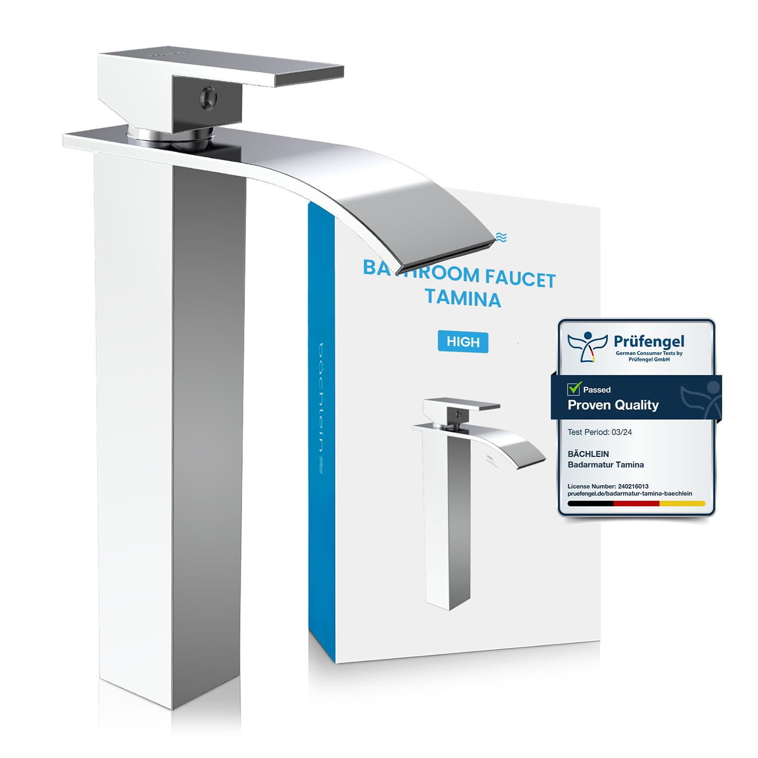 Bächlein High Tap for The Bathroom in Waterfall Design, Extra High Single-Lever Mixer with Installation Set for Countertop Washbasin, Matt Black Bathroom Faucet — image 1