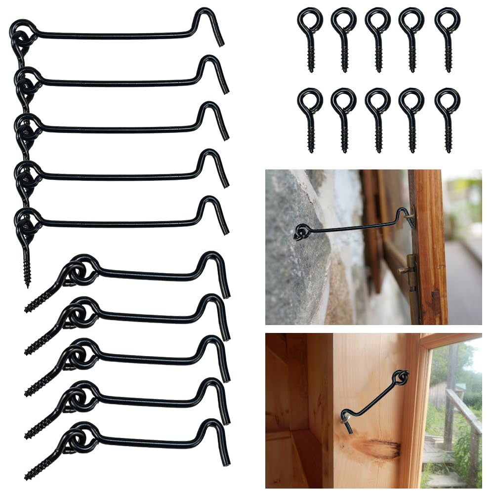 KITERI 10 Pcs Cabin Hook and Eye Latch, 2.5''/4'' Door Latch Black Gate Hook Lock Metal Door Hook Latch Catch Silent Holder Garden Gate Latch with Screws for Door Gate Window Closet Shed