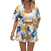 Glozeplus Women's 2 Piece Jumpsuit Floral Print Summer Half Sleeve Thin Coat Bodycon Short Pant Set Outfits