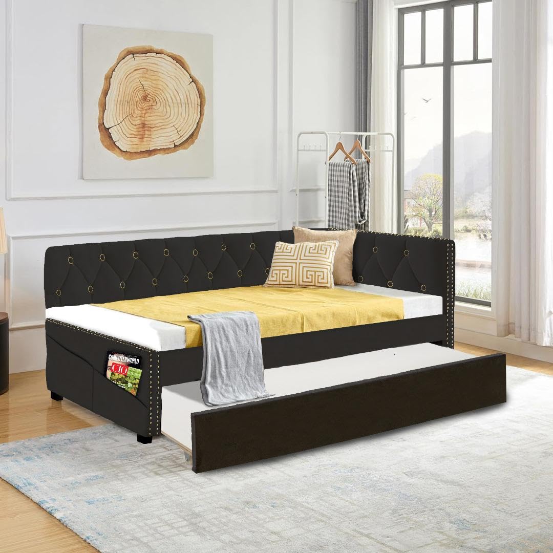 Photo 1 of ** PARCIAL SET BOX 1 OF 2 ** KEIKI Upholstered Twin Size Daybed with Trundle, Velvet Fabric Bed Frame with Wood Slats/Save Space for Kids Teens Adults Bedroom, No Spring Box Required, Comfortable and Simple Design, Black
