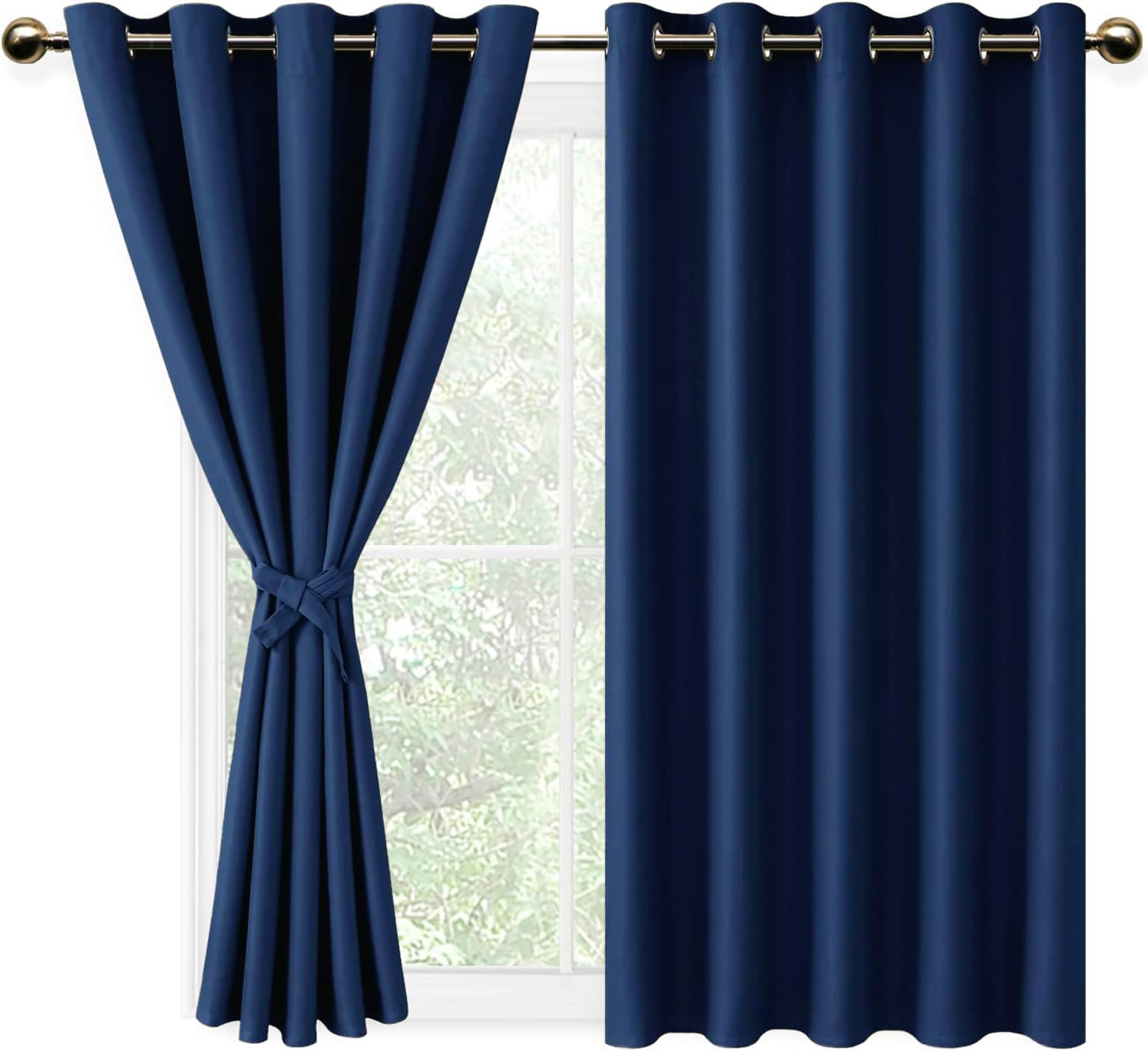 DWCN Blackout Curtains with Tiebacks for Bedroom Thermal Insulated Solid Eyelet Curtains for Living Room,2 Panels,66" Wide x 54" Drop,Dark Blue