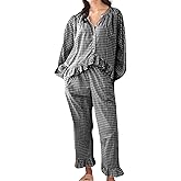 codcm Womens Gingham Pajama Set 2 Piece Long Sleeve Babydoll Shirt and Pants Matching Lounge Set Fall Outfits