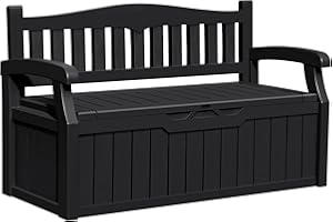 Greesum 80 Gallon Outdoor Storage Bench, Resin Patio Furniture with Armrest,Waterproof and UV-Resistant, Perfect to Garden, Poolside and Lawn, Dark Black