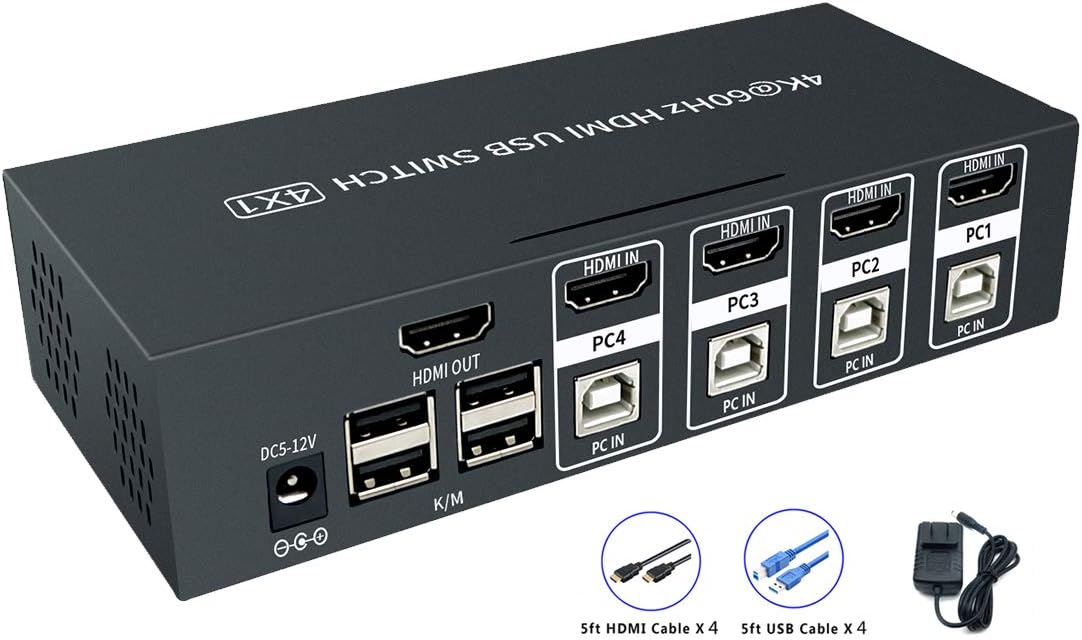 HDMI KVM Switch 4 Port Box,UHD 4K@60Hz & 3D & 1080P Supported,with 4 USB and 4 HDMI Cables