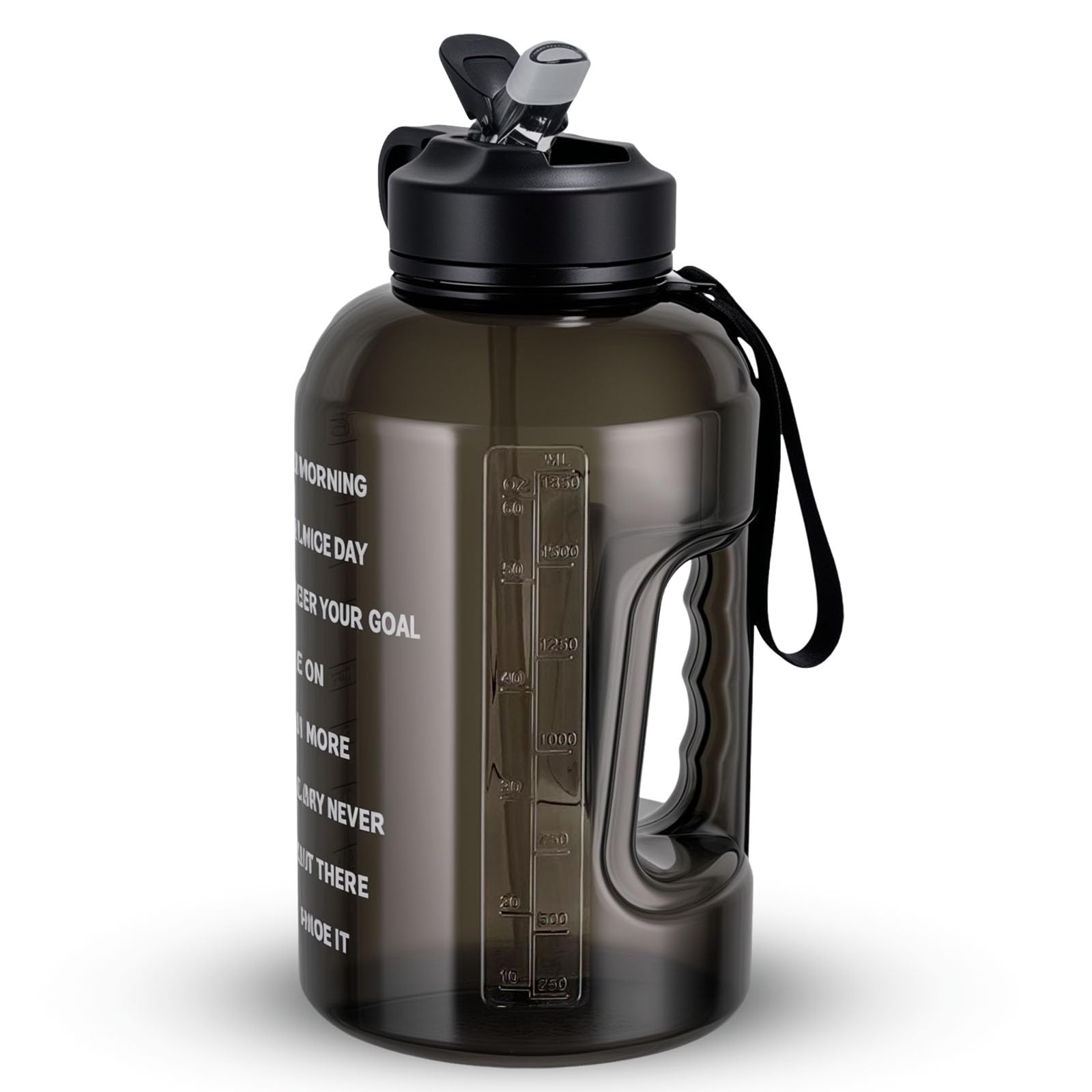 2.2 L Große Motivations-Trinkflasche mit Trinkhalm & Zeitmarkierungen - BPA-frei, auslaufsicher - Täglicher Hydrations-Tracker für Fitnessstudio, Büro, Zuhause & Reisen (Schwarz, 74 oz) (Black)