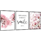 Framed Scandinavian Flower Canvas Poster Pink Magnolia Floral Print Painting Nordic Smile Quote Art Wall Pictures for Living Room Office Bedroom Home Decor -3 Pack (12 X 16Inch)