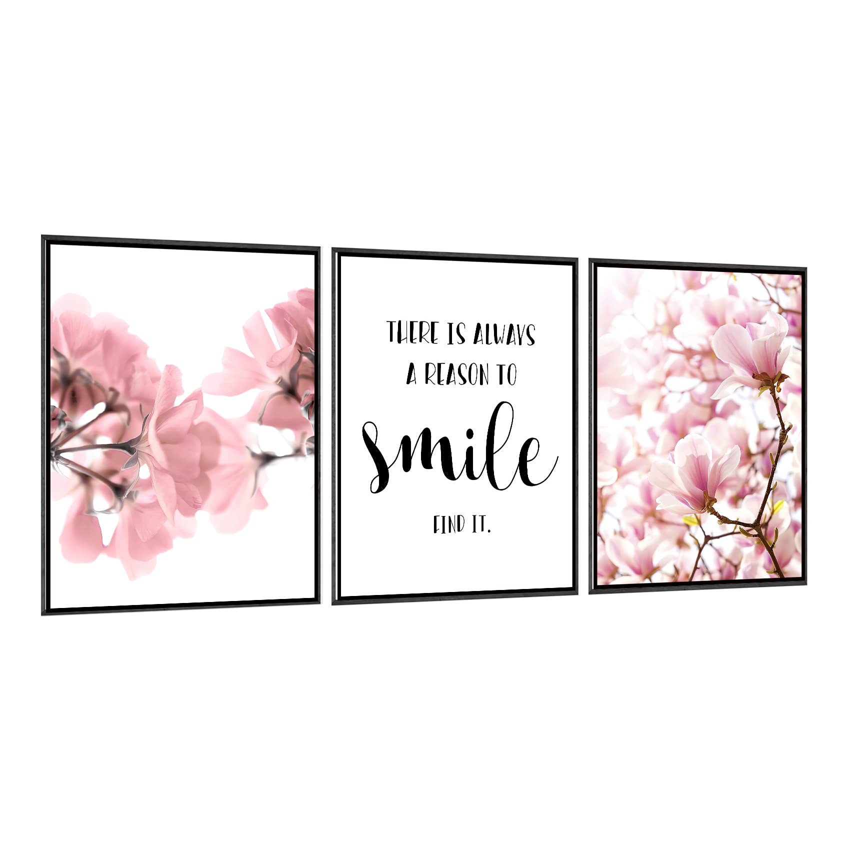 Framed Scandinavian Flower Canvas Poster Pink Magnolia Floral Print Painting Nordic Smile Quote Art Wall Pictures for Living Room Office Bedroom Home Decor -3 Pack (12 X 16Inch)