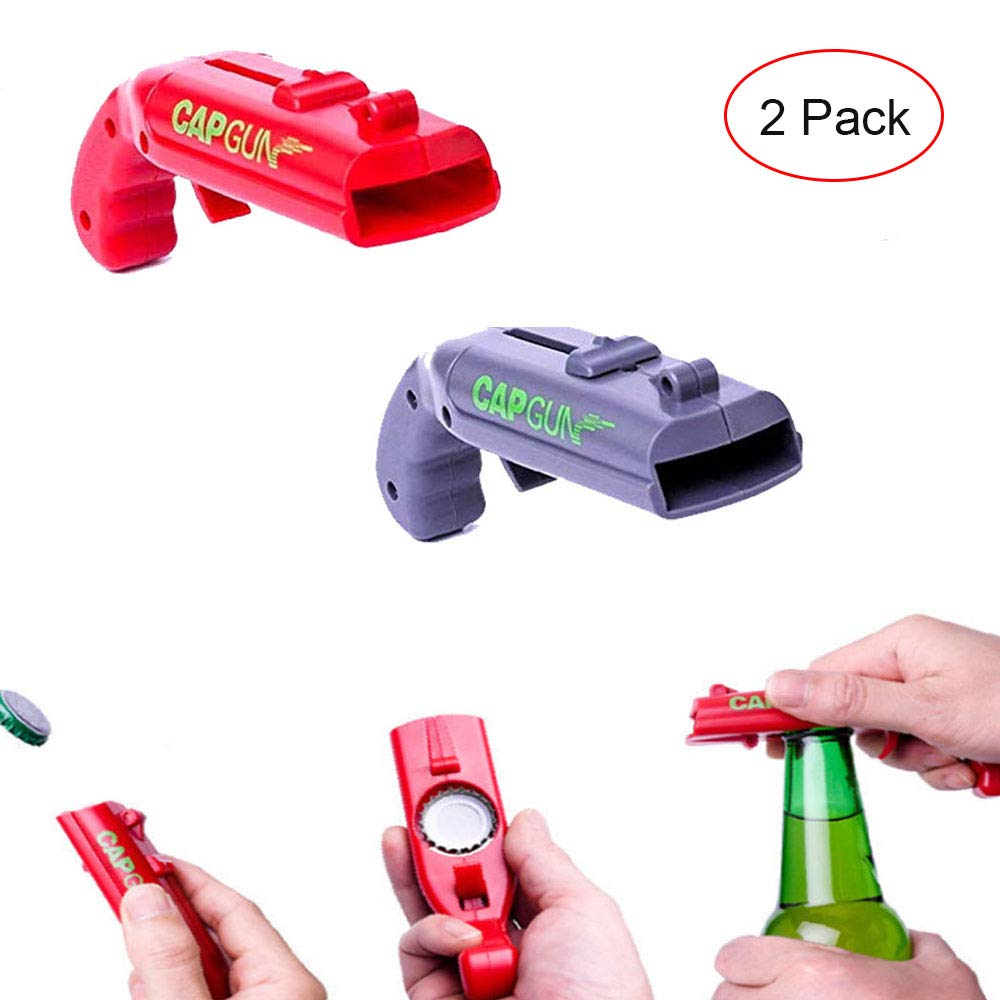 Cap Gun Beer Bottle Opener Launcher Shooter, Wisfun Creative Cap Gun Launcher Shooter Bottle Opener for Home Bar Party Drinking Game Interesting - Shoots Over 5 Meters (2 Pack, Red and Grey)