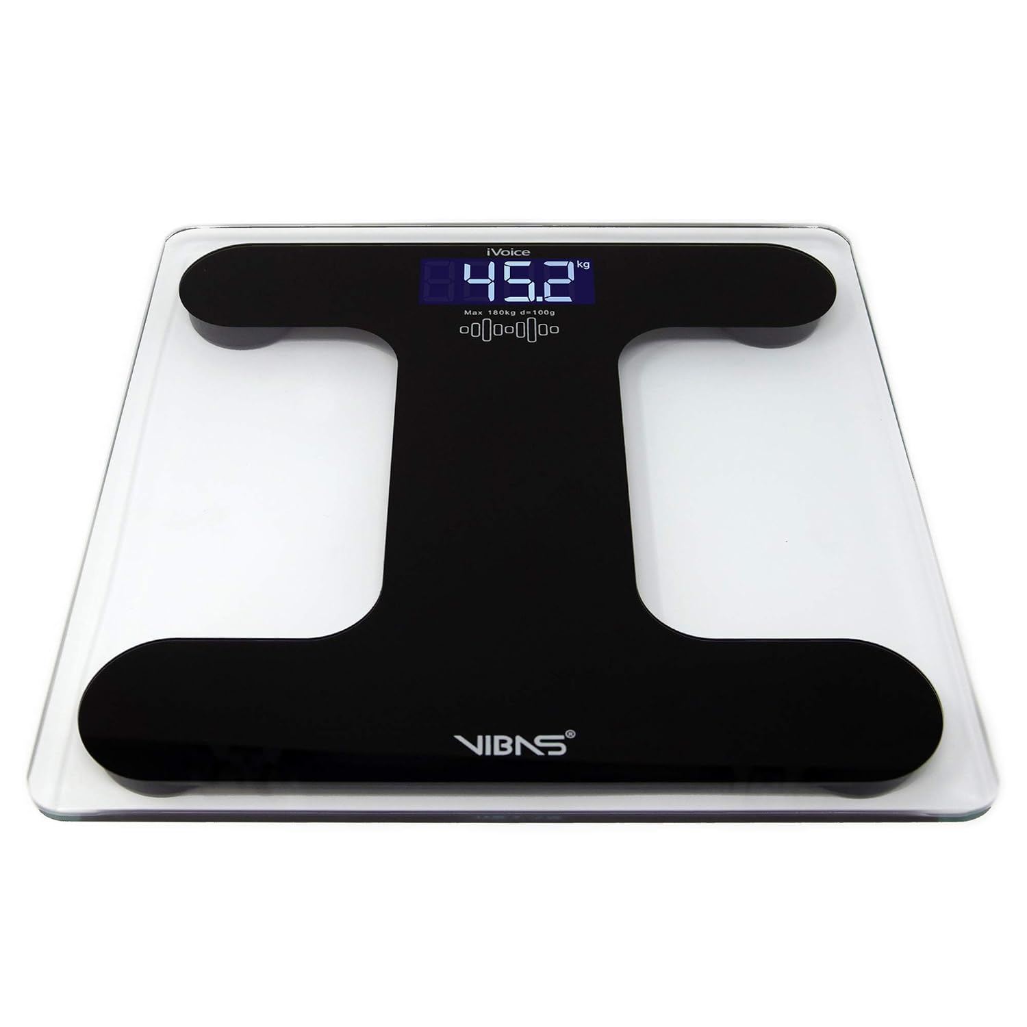 Talking Scale in English and Multilanguage VIBAS iVoice, Batteries Included, Clear Voice, Capacity 180 kg, Auto Power Off, 6mm Tempered Glass, 2 year warranty. (Black)