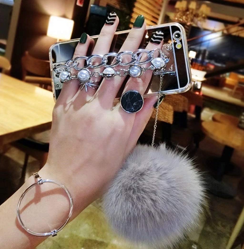 Hand Chain Holder Bracelet Pom-pom Ball Luxury Back Make-up for Girls Mirror Slim TPU Bumper Bright Reflection Mirror Case for Samsung Galaxy S10 Plus (Silver)