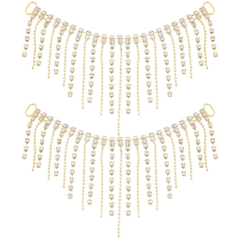 GORGECRAFT 2Pcs Rhinestone Chain Long Tassel Gold Fringe Trim Belt Crystal Fringe Irregular Trim Ribbon Strips Beaded for Wedding Party Jeans Clothing Shoes Accessories DIY Decoration