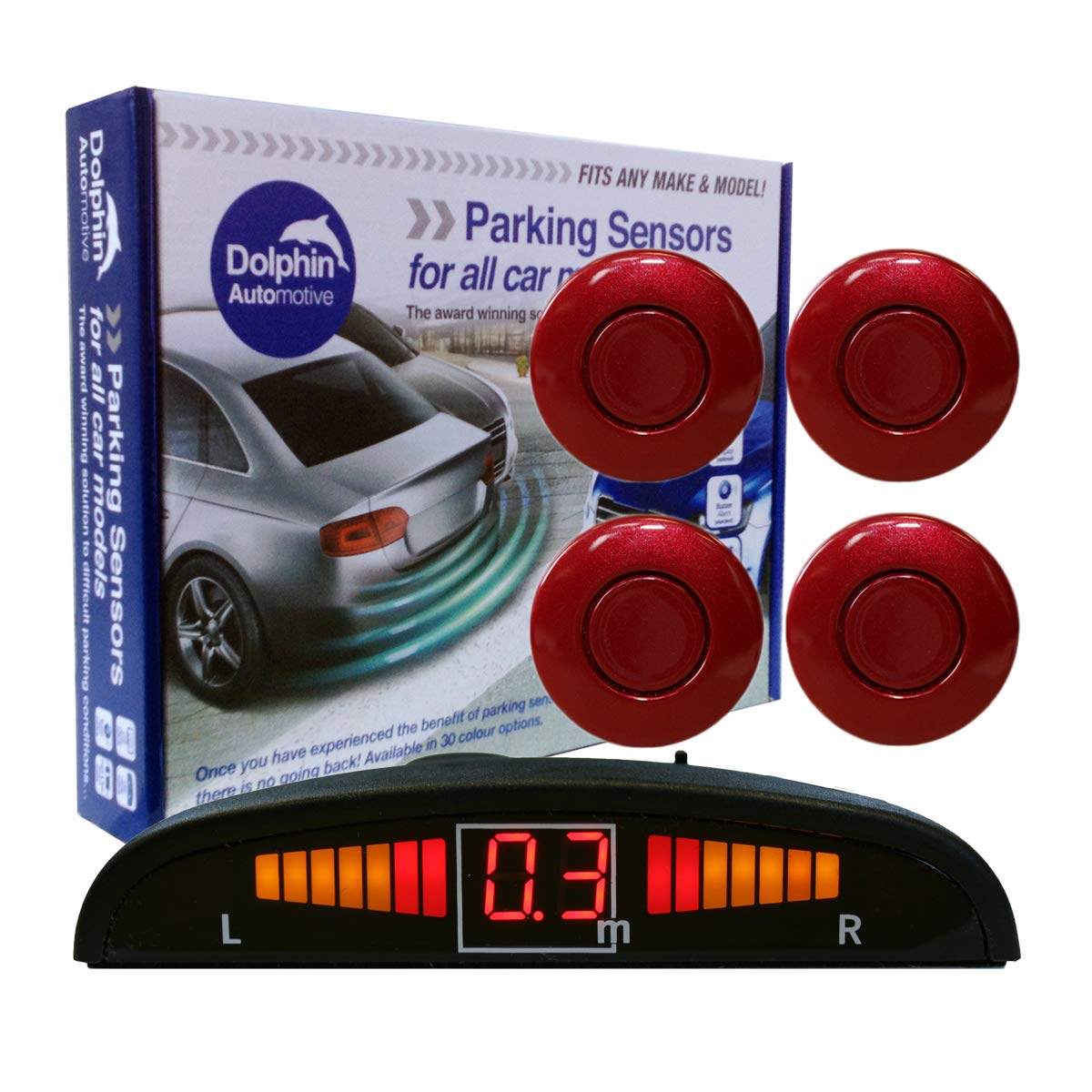 Dolphin Automotive DPS450 Reverse Parking Sensors In 32 Colours 4 Ultrasonic Radar Sensors Kit Audio & Display Alert System - Maroon