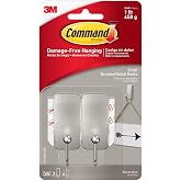 Command Small Brushed Nickel Hooks, 2 Hooks, 4 Strips | Damage-Free Hanging with Adhesive, Heavy Duty Hanging Great for Home and Room Decor, Holds up to 1 lb