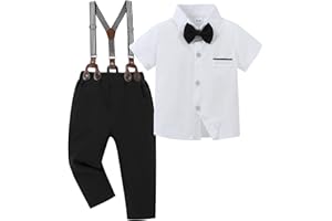 SANMIO Toddler Baby Boy Clothes Suit Gentleman Wedding Outfits, Formal Dress Shirt with Bowtie + Suspender Pants 1-5 Years