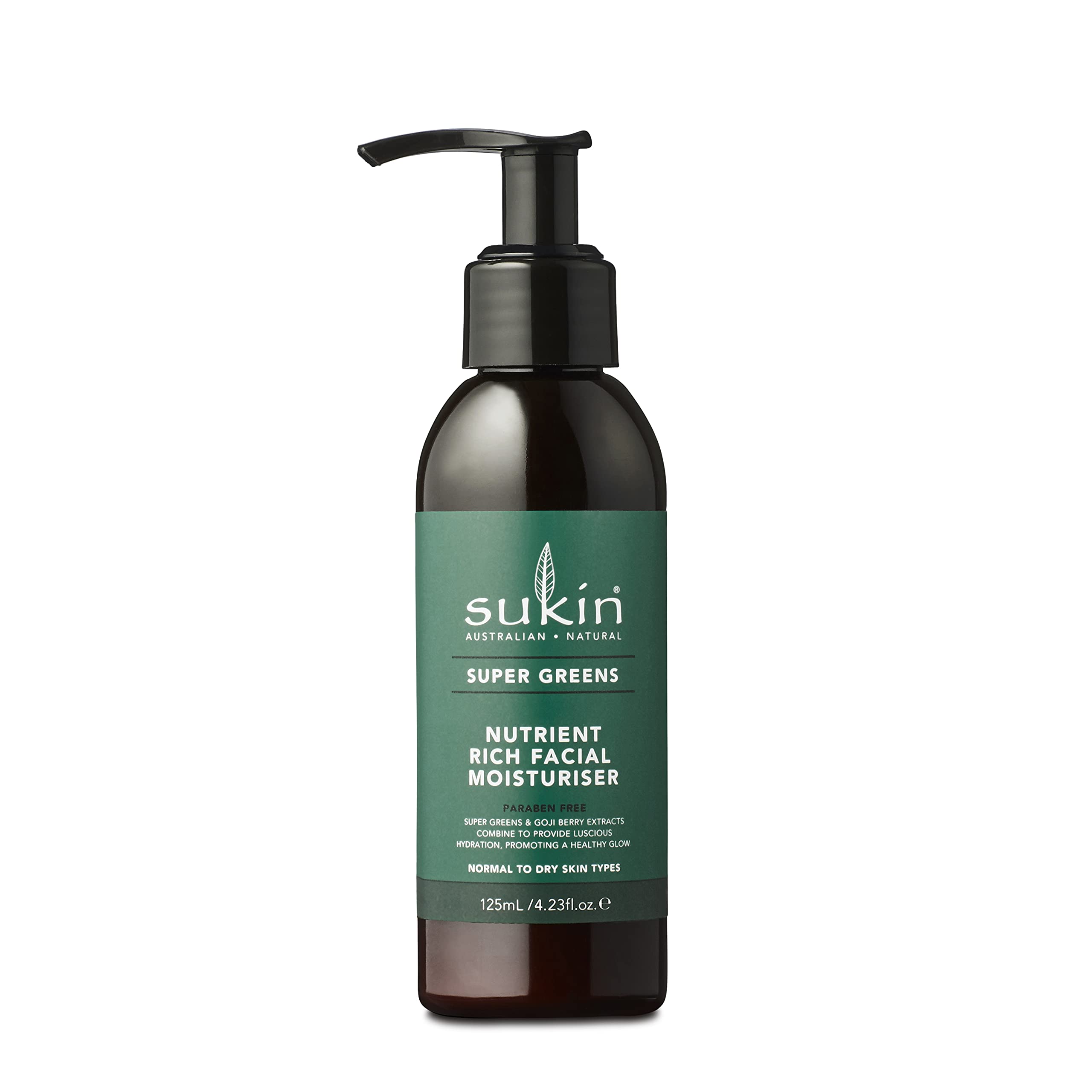 Sukin Super Greens Nutrient Rich Facial Moisturiser 125ml - with super Greens extracts of Kale, Spirulina, Parsley & Chlorella; cruelty free & vegan friendly - minimises appearance of fine lines.