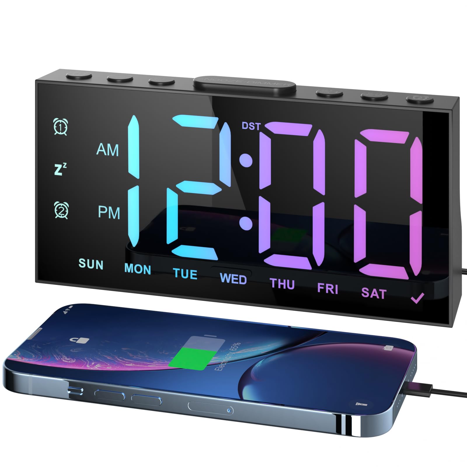 LIORQUE Digital Alarm Clocks for Bedrooms, Digital Clock with RGB LED Display, 5 Level Brightness, Dual Alarm, Snooze, DST, Alarm Clocks Bedside Mains Powered